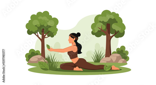 Woman Practicing Yoga Outdoors In Peaceful Green Environment Under Sunlight