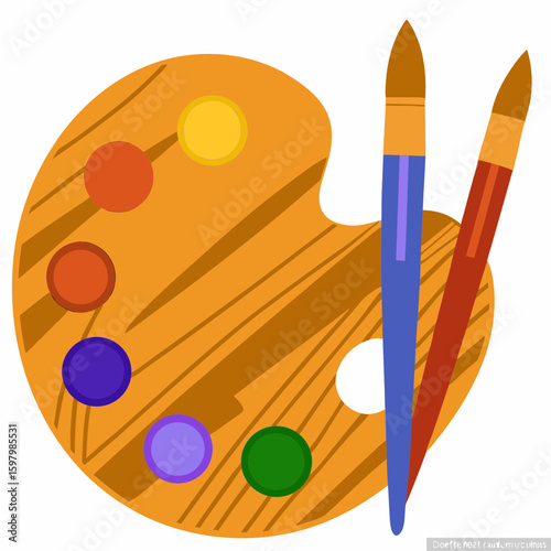 Paint palette and brushes. Painting color palette, creative drawing tool. Artistic supplies, oil colour pallet on wooden board, artist accessory