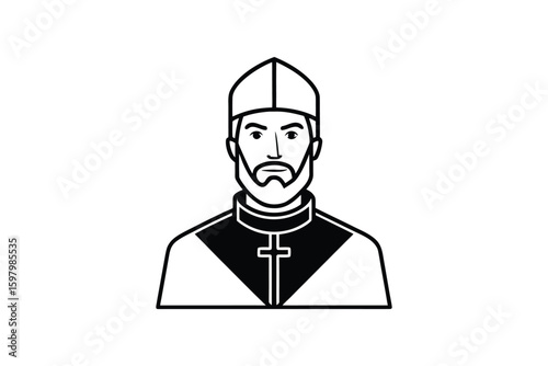 Detailed Portrait of a Catholic Bishop with Mitre Hat and Cross Silhouette Style Isolated on White Background silhouette detailed