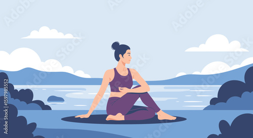 Woman Practicing Yoga Pose Outdoors By The Lake For Wellness and Relaxation