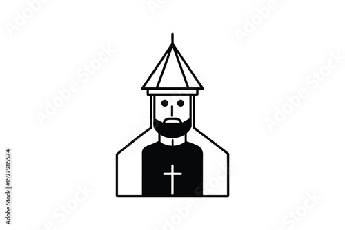 Monochrome Clergyman Icon with Cross and Tall Hat Representing Religious Figure in Minimalist Style Isolated on White Background Silhouette