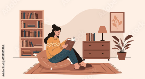 Relaxed Reading Time At Home Illustration With Cozy Interior Design
