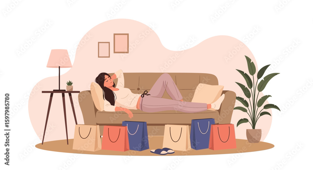 Relaxing After A Shopping Spree At Home From Shoping Online With Shopping Bags