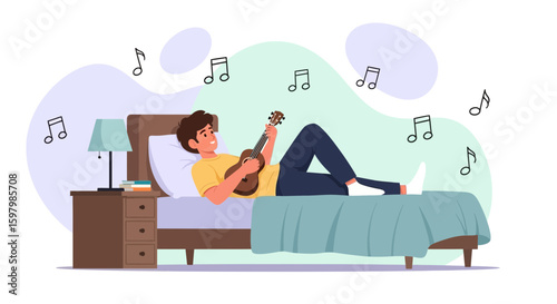 Relaxed Young Man Playing Ukulele Lying On Bed With Musical Notes Illustration