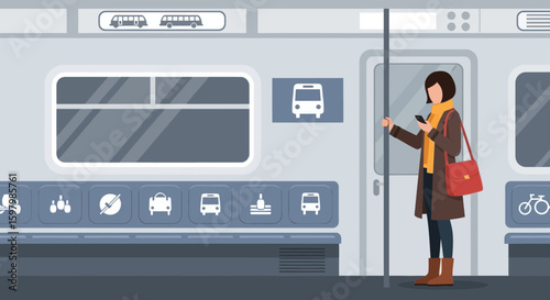Woman Checking Smartphone While Riding Public Transportation Commuting In The City