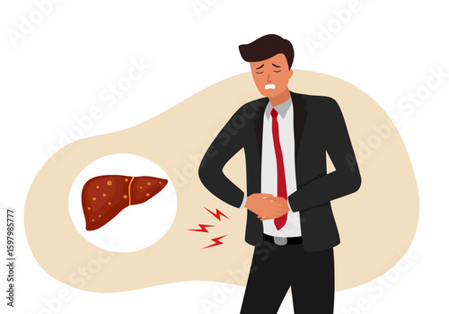 Unhealthy man suffer from liver problems. Unwell man struggle with body organ inflammation. Healthcare and medicine Flat vector illustration 