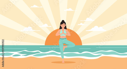 Woman Practicing Yoga Tree Pose On Peaceful Beach At Sunset Meditation Concept
