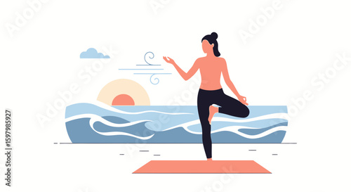 Woman Practicing Yoga Tree Pose With Ocean Sunset Background For Meditation