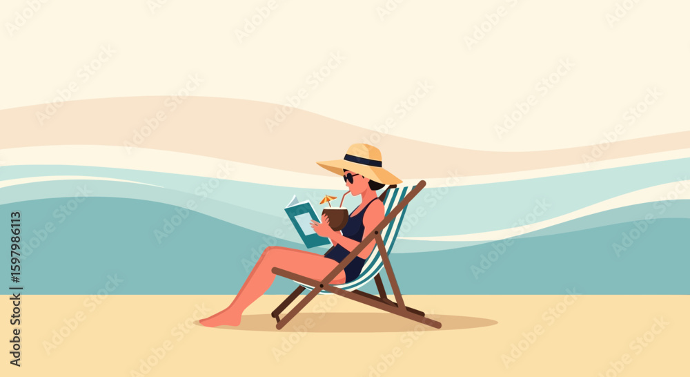 Fototapeta premium Serene Vacation Woman Reading Book And Drinking Coconut Water On Beach