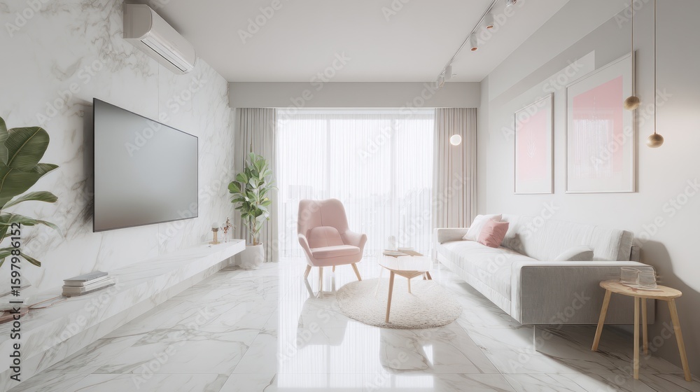 Fototapeta premium Modern, minimalist living room with a touch of blush pink