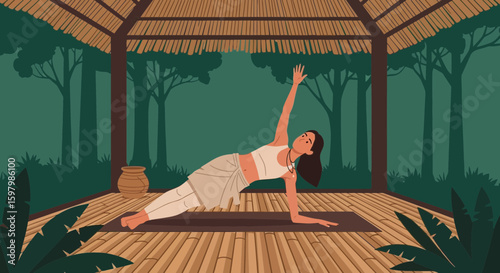Serene Side Plank: Woman Practices Yoga In Tropical Outdoor Studio