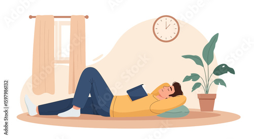 Relaxing Afternoon Nap With Book Illustration In Contemporary Designed Room