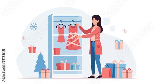 Woman Choosing Dress For Holiday Party From Wardrobe With Christmas Decorations