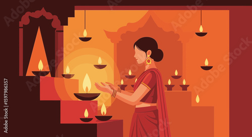 Woman Praying With Oil Lamps During Diwali Festival Celebration