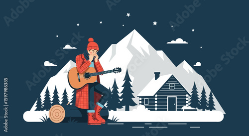 Serene Winter Getaway Featuring Cabin Landscape With Musician Under The Stars