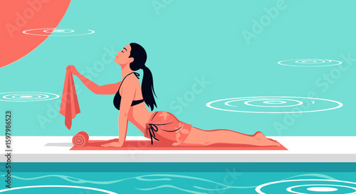 Serene Woman Enjoying Morning Yoga Practice near Poolside Bliss Relaxation