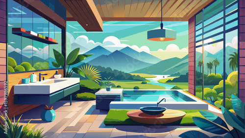Very beautiful Spa-Like Tranquility: A sophisticated bathroom blends modern design with the serenity of nature, featuring sleek fixtures, a relaxing atmosphere, and panoramic views.