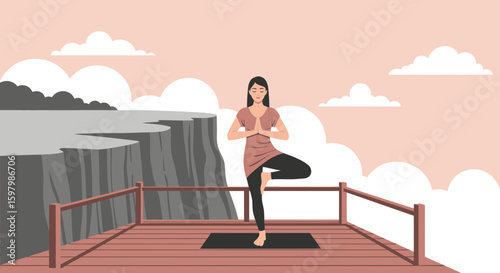 Serene Woman Practices Tree Pose On A Wooden Deck Overlooking Dramatic Cliffs