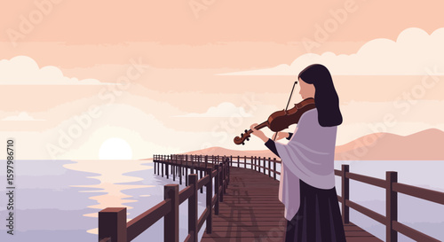 Serene Woman Playing Violin On Pier At Sunset Capturing Musical Moments