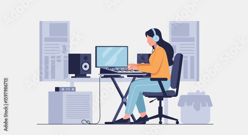 Woman Composing Music With Keyboard In Home Recording Studio During Creative Process