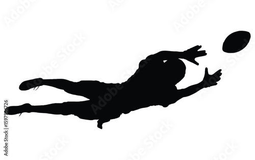 Dynamic Rugby Player Silhouette. Powerful Dive, Catching the Ball, Action Sports Graphic.