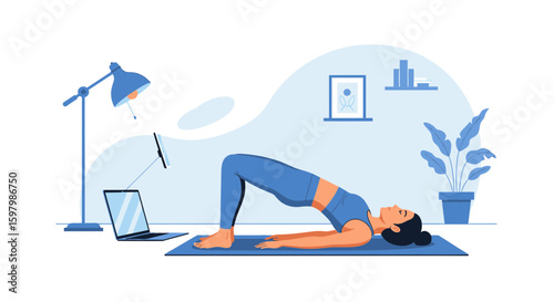 Relaxing At Home Woman Practicing Yoga With Online Class For Wellness