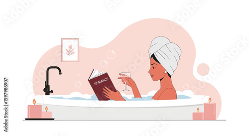 Relaxing Bath Time With Book And Wine For Self Care Retreat Illustration