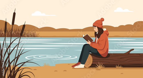 Relaxing Autumn Day: A Woman Reading by the Lake in Nature's Embrace