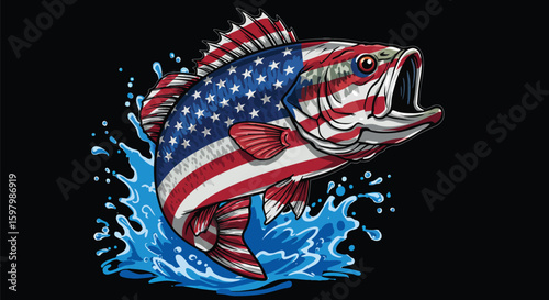 American Flag Themed Fish Leaping from Water, Symbolizing Patriotism