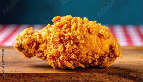 A single, crispy fried chicken piece, a culinary delight, showcased on a rustic wooden surface. with the backdrop of a classic checkered tablecloth. a mouthwatering display of golden-brown goodness.