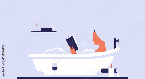 Relaxing Bath Time With Wine And Book For Self Care And Mental Wellness