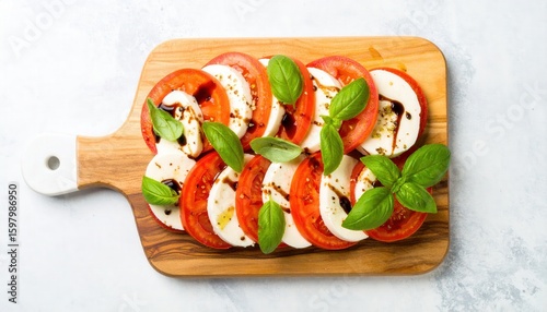 A vibrant caprese salad, arranged on a wooden cutting board. The fresh ingredients come together in a colorful, inviting display of culinary artistry.