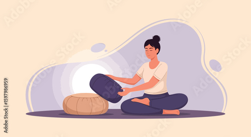 Serene Woman Preparing For Meditation Session With Cushion And Bolster