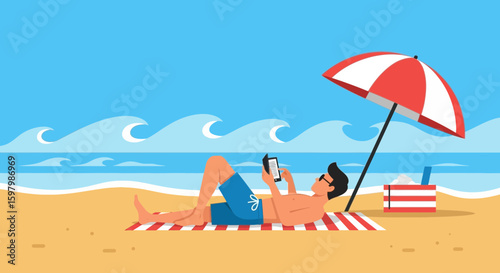Relaxing Beach Day With E-Reader Under Umbrella For Summer Vacation