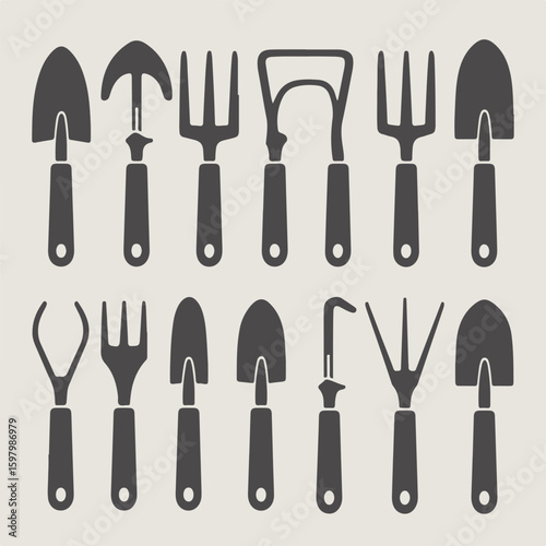 Dark grey silhouette bundle pack of 18 gardening tools in flat lay on light grey background bundle set