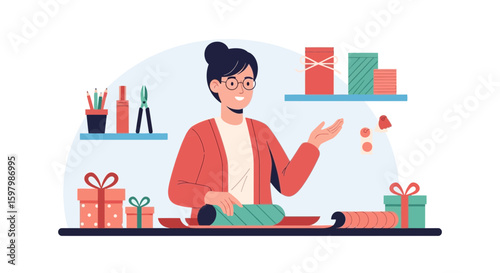Woman Preparing Holiday Gifts Wrapping Present With Festive Paper And Ribbon