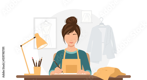 Woman Designer Creating Fashion Designs For Her Collection In Her Studio