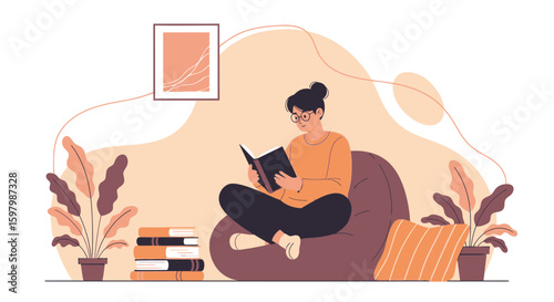 Woman Reading A Book At Home On A Bean Bag Chair Relaxation Concept