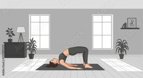 Woman Doing Bridge Pose Yoga For Wellness And Flexibility In Modern Interior