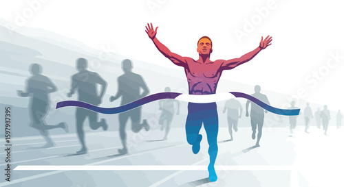 Runner Winning the Race, Crossing the Finish Line in a City Marathon