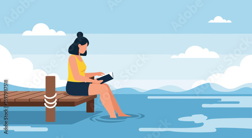 Woman Reading A Book Relaxing By The Lake On A Wooden Dock