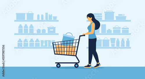 Woman Doing Grocery Shopping With Cart In Supermarket Vector Illustration