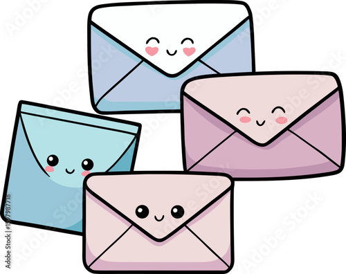 Set of four colorful kawaii envelopes in light blue and pink, symbolizing community and communication.