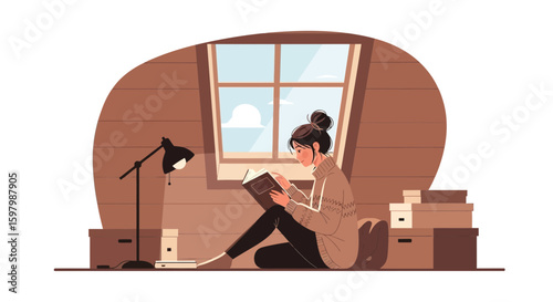 Woman Reading Book By Window In Cozy Attic Room Illustration