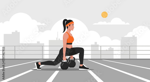 Woman Doing Lunges With Kettlebells On A Rooftop Fitness Training Exercise