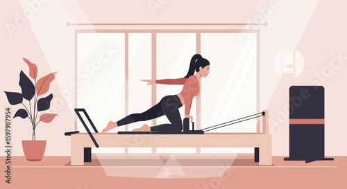 Woman Doing Pilates Exercise On Reformer Machine In Studio Or Home