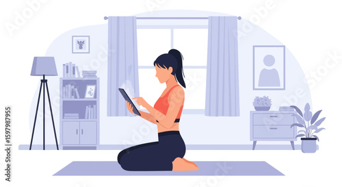 Woman Doing Online Workout At Home Using Tablet Technology