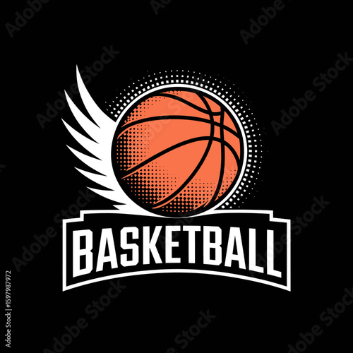 Basketball emblem with wings and text