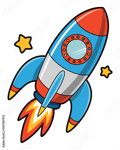 Cartoon rocket ship blasting off into space with stars