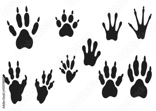 Animals footprints. Animal feet silhouette, frog footprint and pets foots silhouettes prints vector illustration set
